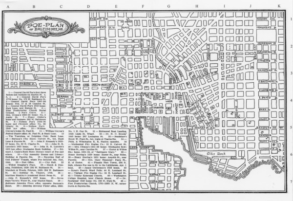 This Poe themed map is used in MaryPhillips 1926 biography Edgar Allan Poe: The Man, but it contains several mistakes.  Incorrect locations are shown for the Poe-Clemm house on Amity Street, Barnum's City Hotel, and John Pendelton Kennedy's 1837 house. (Edgar Allan Poe Societry)