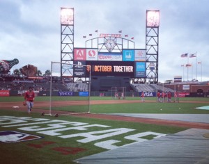 The field right after batting practice. The Giant Glove is an iconic symbol of AT&T Park. (Claudia Gestro)