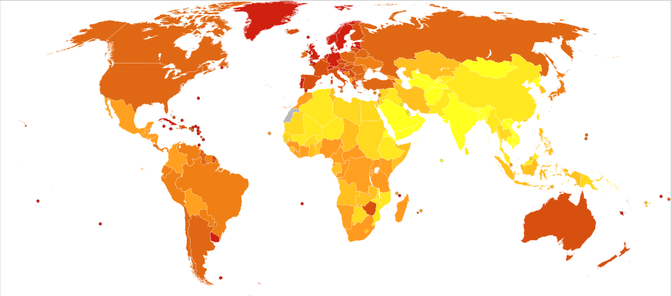 Deaths from Prostate cancer in 2012 per million males. Statistics from WHO, grouped by deciles, show that the U.S. and Canada have some of the highest rates of prostate cancer deaths. (Wikimedia Commons)