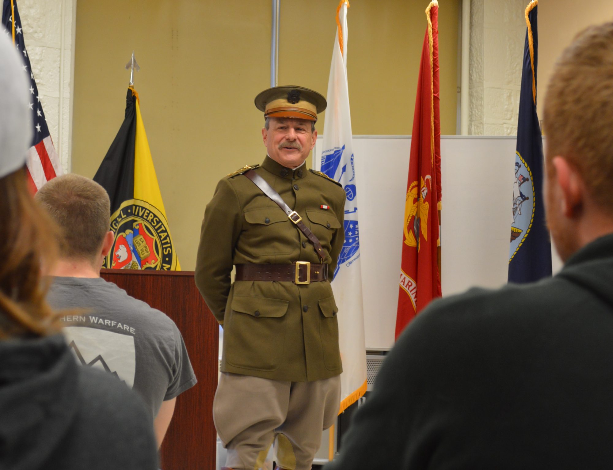Actor David Shuey as General John J. Pershing speaks to a Mizzou ROTC class at the University of Missouri. (Anthony C. Hayes)