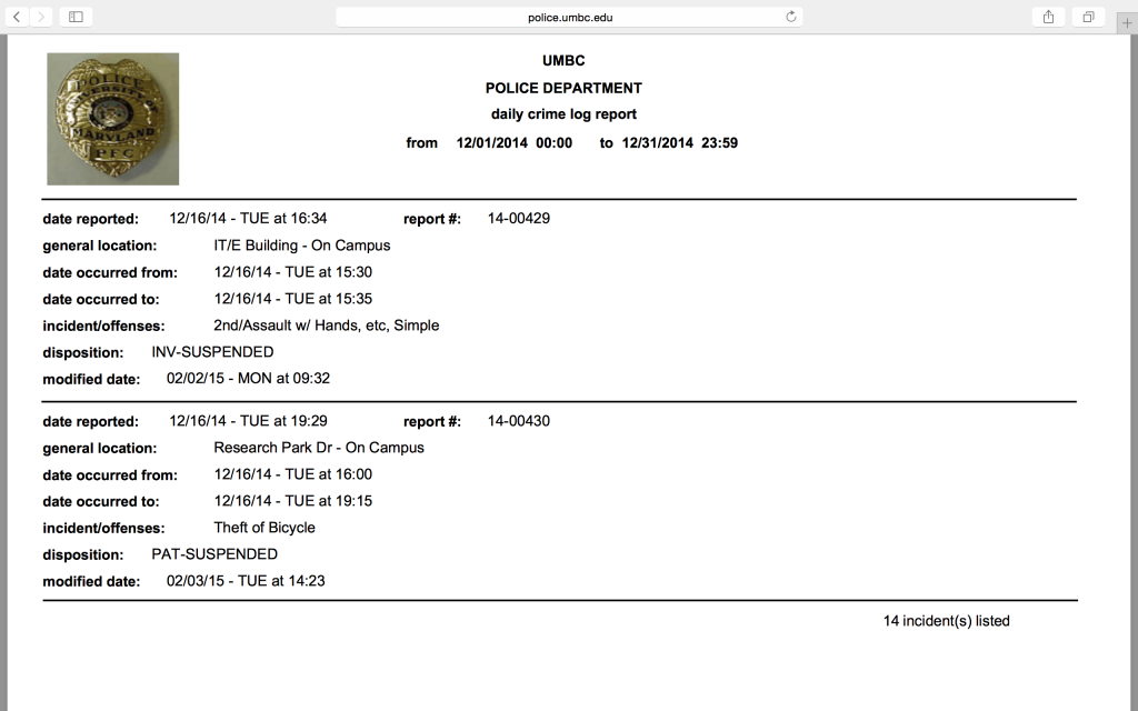 Screen Shot documenting omission of the alleged gang rape. Incident was reported Dec. 18. Log stops Dec. 16