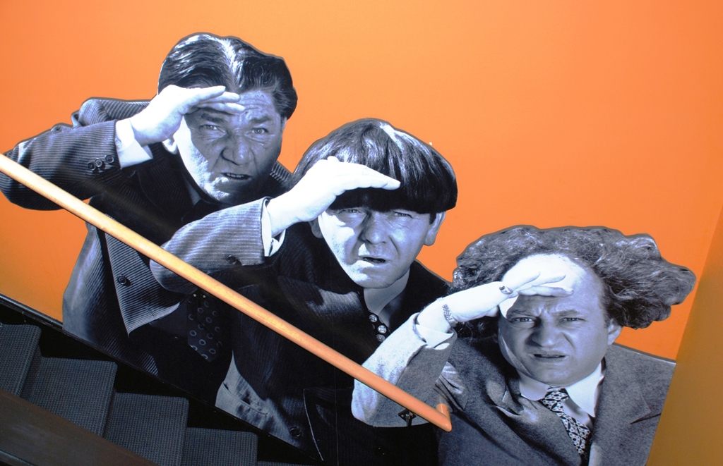 THree Stooges Shemp Howard, Moe Howard and Larry Fine. The art is from the back stairwell in the Stoogeum in Ambler, PA.