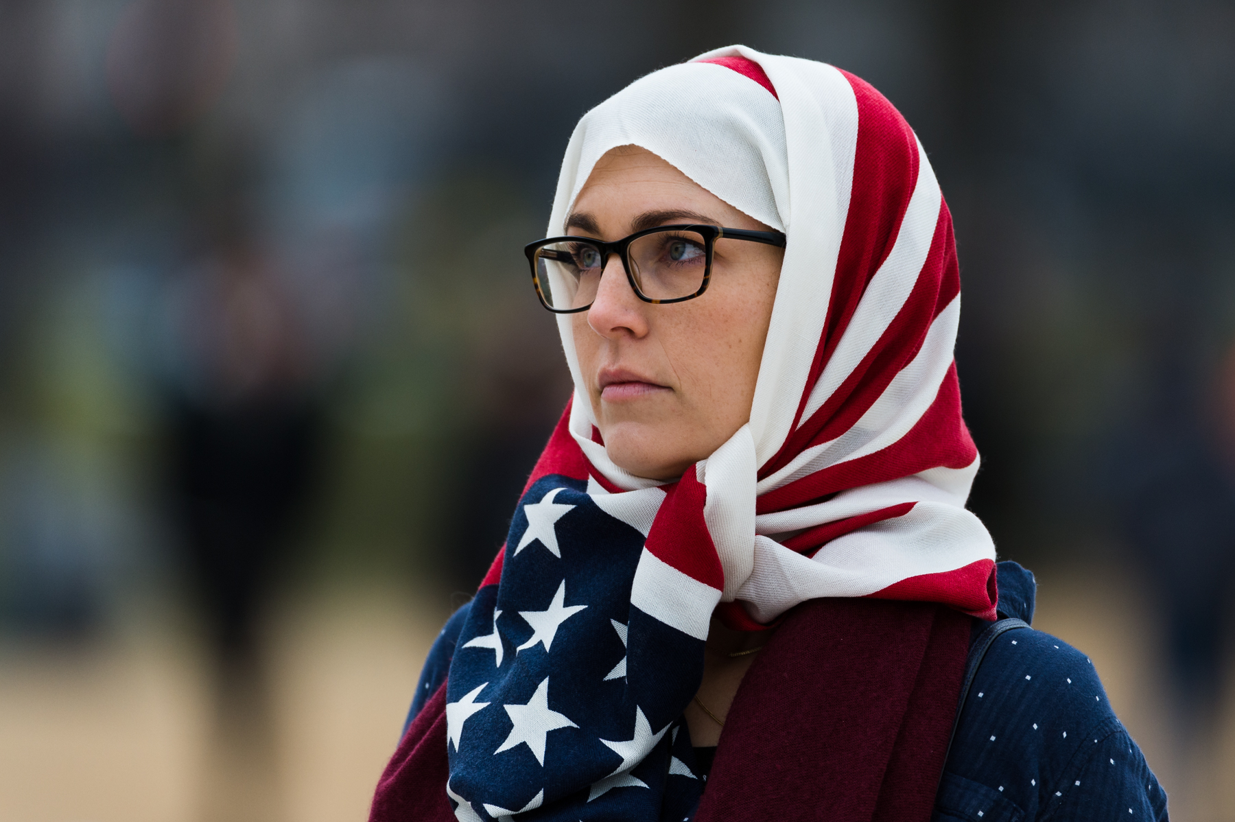 Inauguration Day: A woman wearing an American flag hijab on the Nation al Mall moments after the Inaugural ceremony concluded. The woman was unable to be identified. (Michael Jordan)