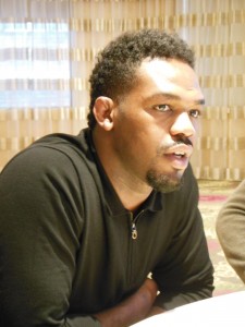 Jon Jones discussing his upcoming bout in Baltimore. (Anthony C. Hayes)