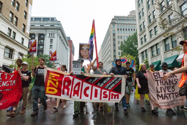 Counter protesters march moments after the lackluster Aug 12, 2018 "Unite the Right 2" rally in Washington, DC. (Mike Jordan/BPE)