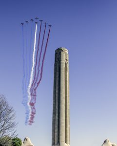 April 6, 2017 Jets of the Patrouille de France fly over at the World War I Monument in Kansas City, Missouri. (Credit John Gabor)