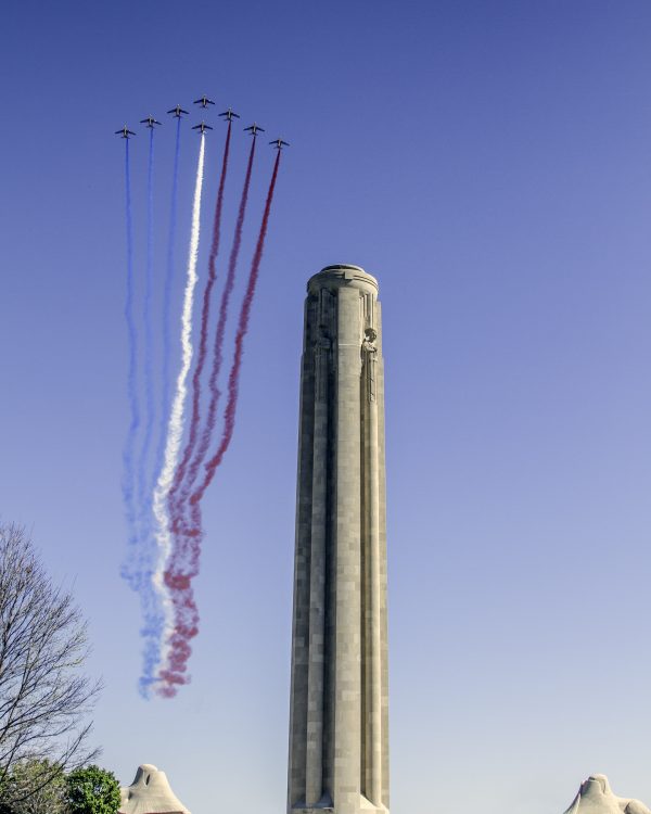 April 6, 2017 Jets of the Patrouille de France fly over at the World War I Monument in Kansas City, Missouri. (Credit John Gabor) 