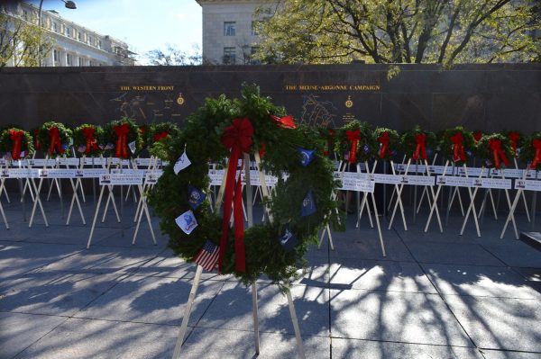 Wreaths in Pershing Park dedicated to the United States and its territories are part of the commemoration honoring WWI Veterans and the centennial of Armistice Day. (Anthony C. Hayes)