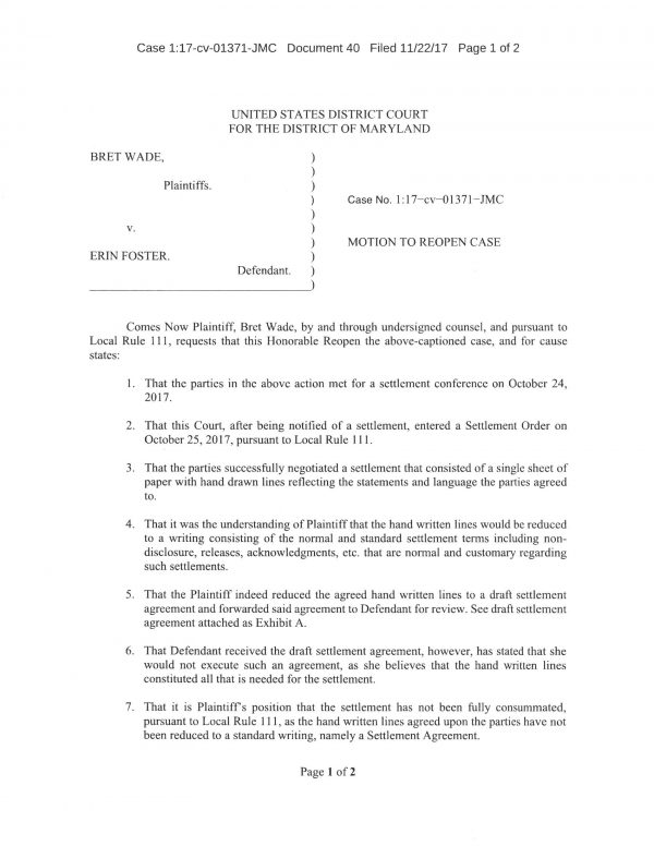 Wade / Foster motion to reopen case doc pg 1