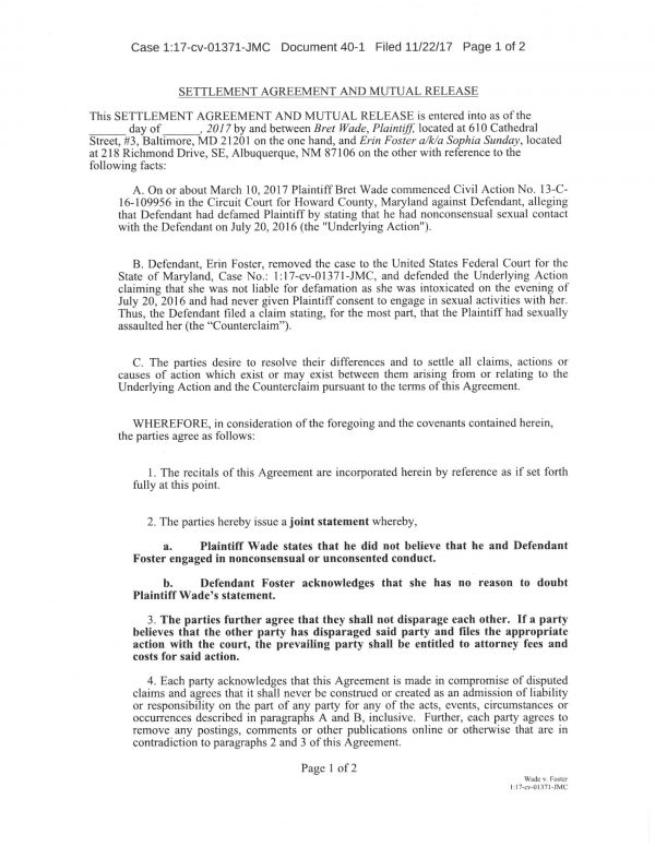 Disputed Wade / Foster Settlement Agreement doc Page 1