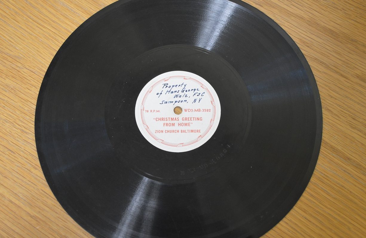 The Walz family copy of the WWII-era record Christmas Greeting From Home. The record was produced for service personnel who were members of Zion Church of Baltimore.(Anthony C. Hayes)