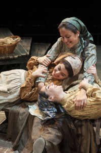 Maria Rizzo as Chava, Dorea Schmidt as Tzeitel and Hannah Corneau as Hodel in “Fiddler on the Roof” at Arena Stage in Washington, D.C. (Margot Schulman)