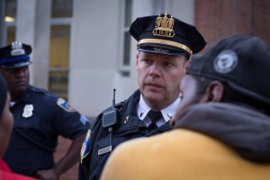 Baltimore City police talk to protesters who were marching in support of "Justice for Freddie Gray." (Erik Hoffman)