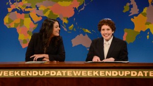 Vanessa Bayer as Jacob the Bar Mitzvah Boy, with Cecily Strong on "Weekend Update" (NBC)