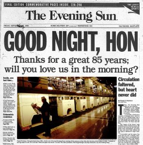 Front page for the last printed edition of the Evening Sun 