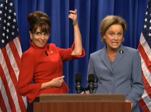 Fey and Poehler in the first Palin sketch (screenshot from Hulu)