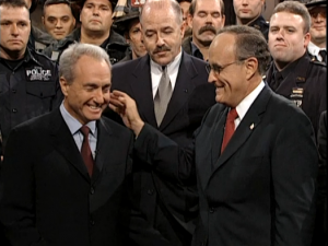 "Why start now?": Mayor Giuliani and SNL's Lorne Michaels share a cathartic and symbolic laugh (screenshot from NBC.com)