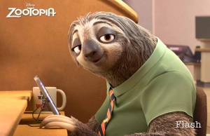 Flash the sloth has the audience laughing as a Department of Mammal Vehicles worker in Zootopia. (Disney)